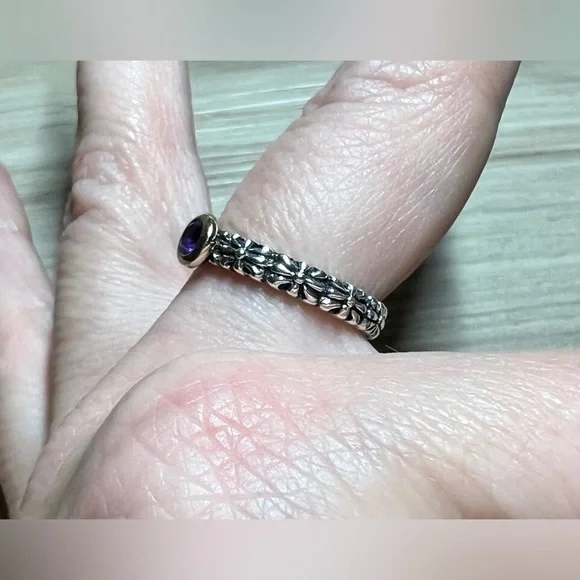 Vintage Designer Signed P Sterling Silver & 14K Gold Amethyst Ring, Size 7